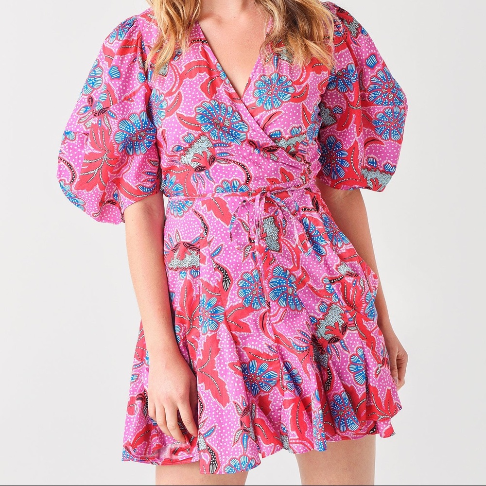 RHODE Claudine Dress Size Small Pink Ruffle Balloon Puff Sleeve Mini Wrap